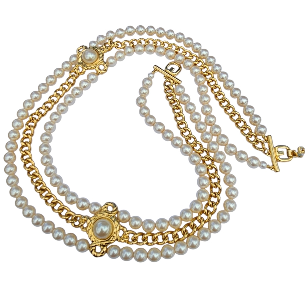 Vintage Givenchy Necklace Multistrand Faux Pearl Gold Chain Dressy Gala Necklace - Picture 7 of 16